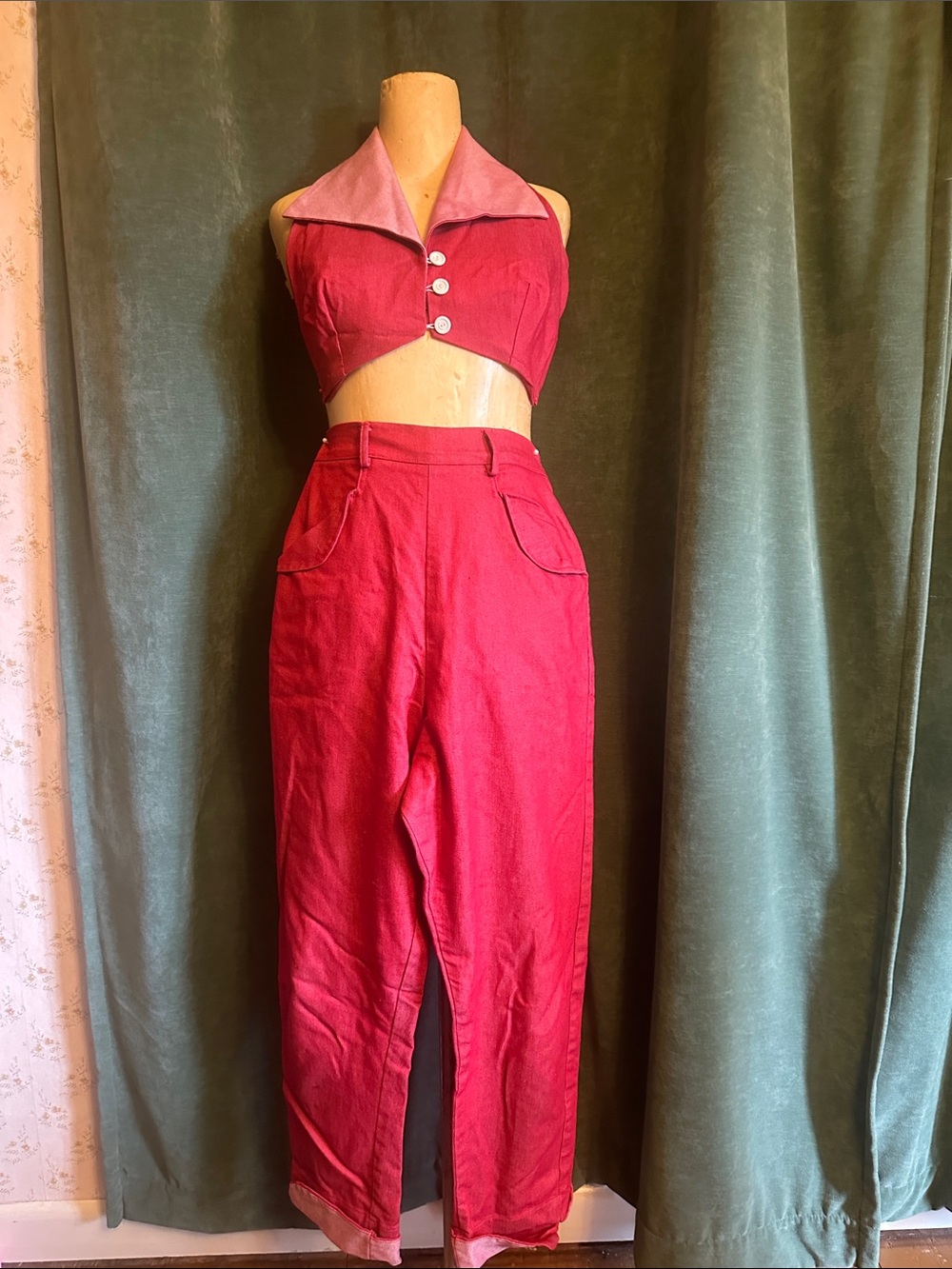Red Two-Piece Halter Crop Top & High-Waist Pants Set